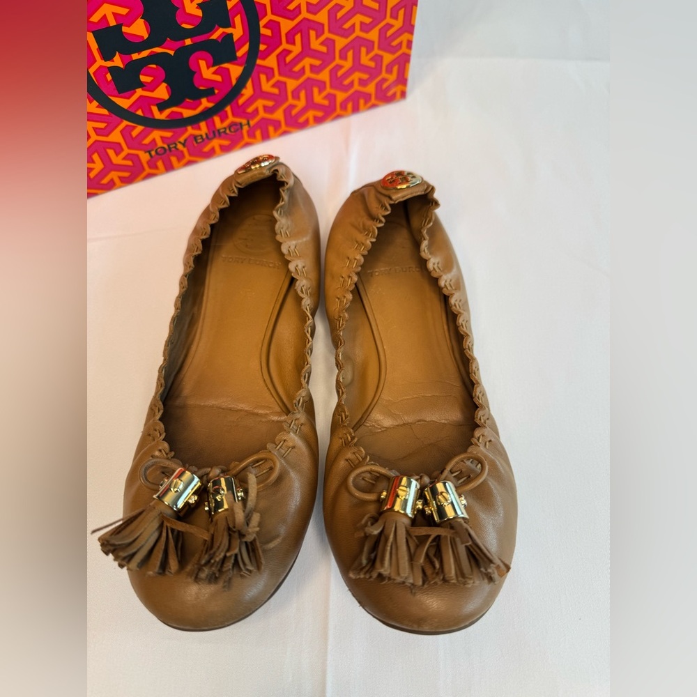 Tory Burch Reece-Mostico Leather Ballet Flats Size 7.5 Color Royal Tan